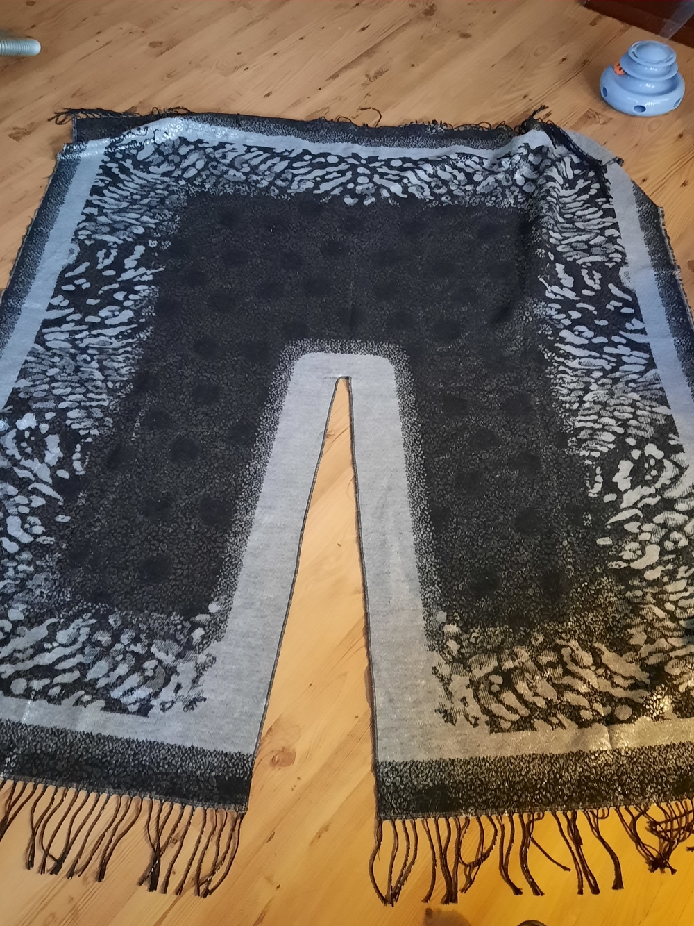 Black and Gray Leopard Border Fringe Shawl Wrap